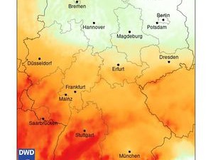DWD-Prognose zur Ausbreitung von Gräser-Pollen in Deutschland vom 15. Juli 2025 für den 20. Juli 2025 (sechs Tage im Voraus), erstellt mit dem Vorhersagemodell ICON-ART. © DWD